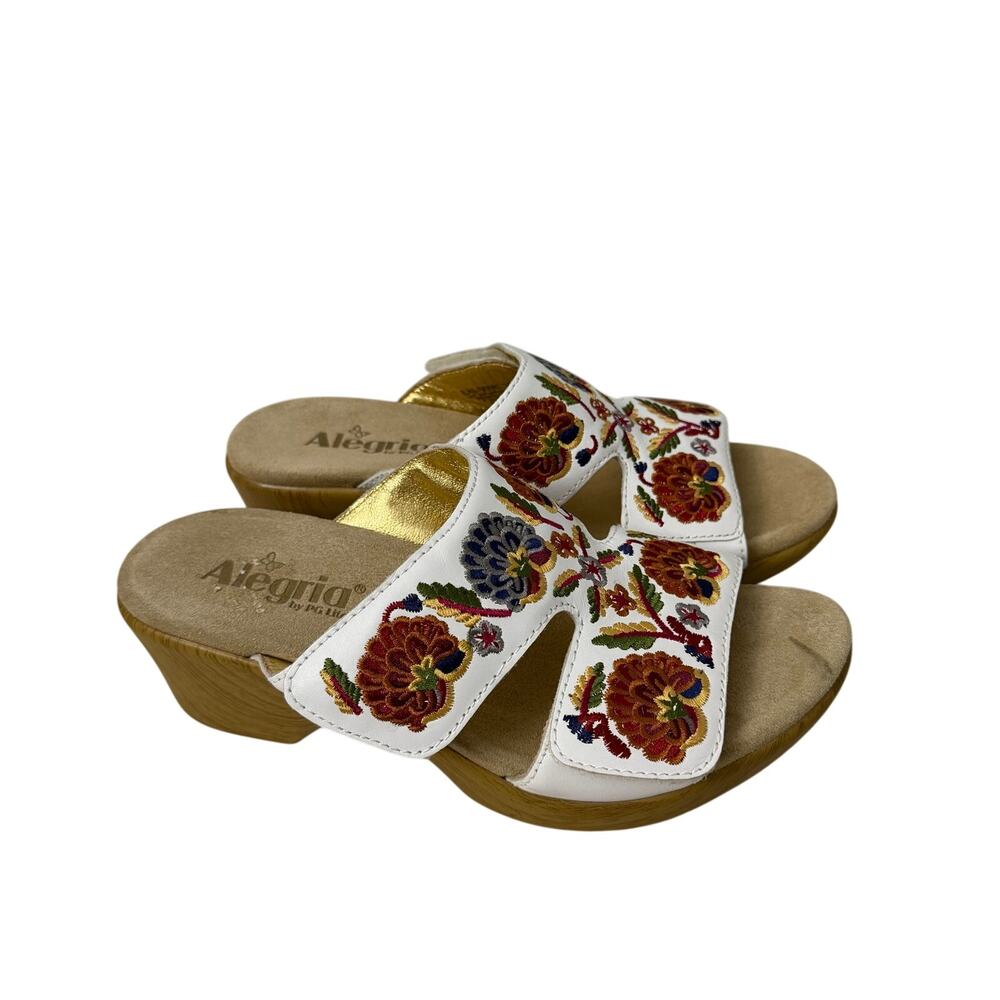 Alegria Linn Sandals Womens Size 8 Wedge Needles And Pins White Embroidered 38